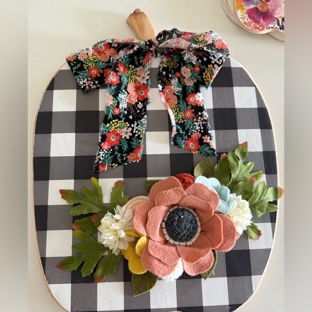 Floral Plaid Wooden Pumpkin with Bow